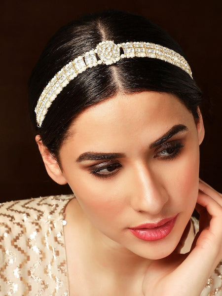Gold-Plated Kundan Studded & Pearl Beaded Sheeshphool | Mathapatti | Hair Accessory VitansEthnics