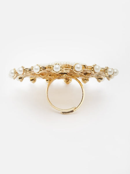 Gold-Plated Kundan-Solitaire Studded Pearl Beaded Finger Ring VitansEthnics