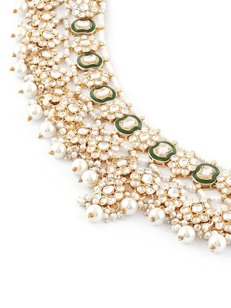 Gold Plated Kundan-Studded & Beaded Necklace And Earrings With Maang Tika VitansEthnics