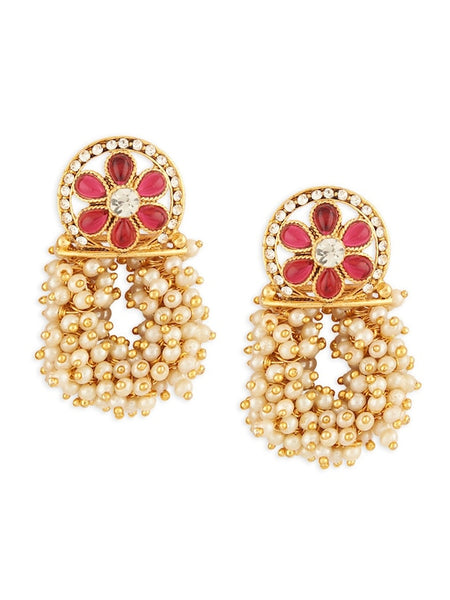 Gold-Plated Pink & Green Stone-Studded & Pearl-Beaded Jewellery Set VitansEthnics
