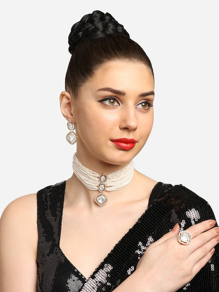 Gold-Plated American Diamond-Studded Necklace With Earrings & Finger Ring VitansEthnics