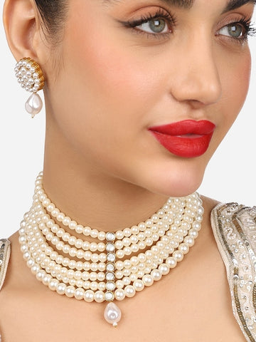Gold Plated Beaded Layered Pearl Choker Necklace Jewellery Set VitansEthnics