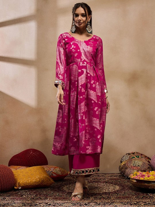 5Woven Pleated Mirror Work Jacquard Anarkali Kurta With Palazzo, Indian Dress, Wedding Guest Party Wear Indo Western Outfit, Palazzo Suit Set VitansEthnics