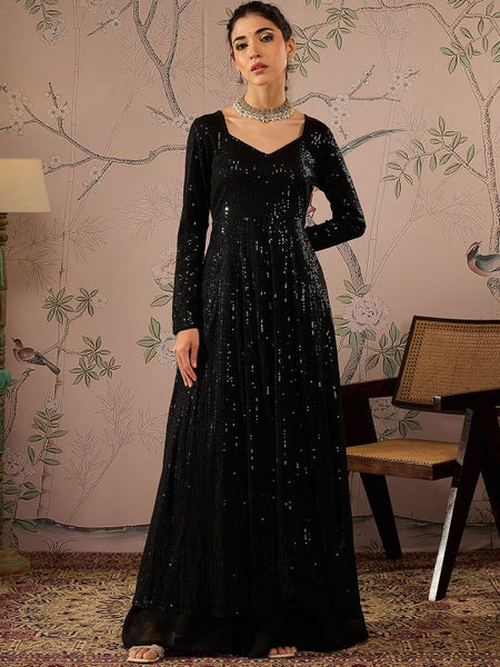 Long Sleeves Sequin Anarkali Kurta For Women, Indian Dress For Women, Indo Western Outfit, Indian Gown Dress For Women, Wedding Guest Outfit VitansEthnics