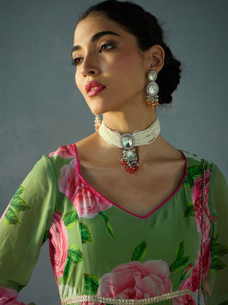 Women Floral Printed Sequinned Georgette Anarkali Gown VitansEthnics