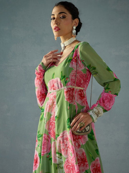 Women Floral Printed Sequinned Georgette Anarkali Gown VitansEthnics