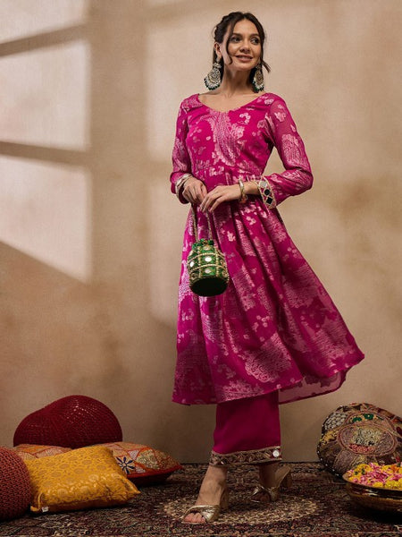 5Woven Pleated Mirror Work Jacquard Anarkali Kurta With Palazzo, Indian Dress, Wedding Guest Party Wear Indo Western Outfit, Palazzo Suit Set VitansEthnics