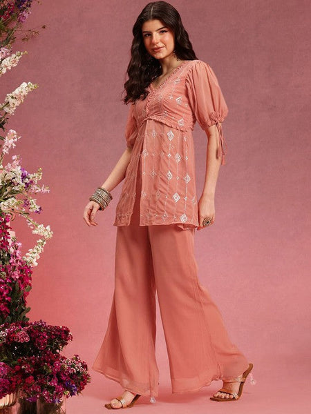 Sequin Embroidered Slit Front Kurti with Palazzo For Women VitansEthnics