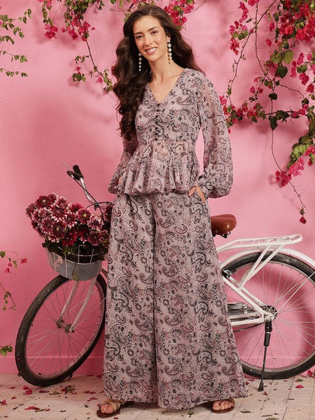 Printed V Neck Peplum Top with Palazzo Coord Set VitansEthnics