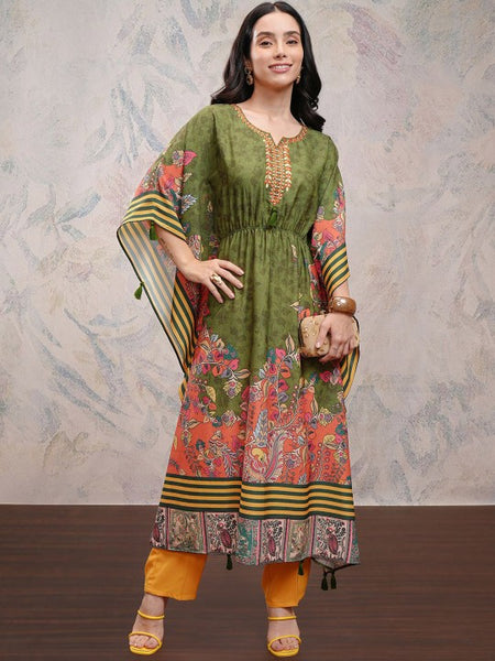 Printed Kaftan Kurta With Trousers For Women, Indian Suit Set, Indian Dress, Indo Western Outfit, Kaftan Kurti Set VitansEthnics