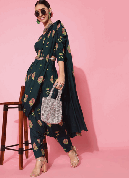 Crop Top With Dhoti Pants And Attached Dupatta | Dhoti Saree vitansethnics
