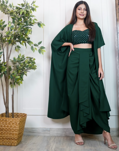 Women Sequin Crop Top With Dhoti Skirt And Long Jacket VitansEthnics