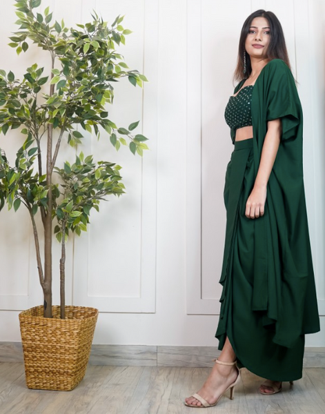 Women Sequin Crop Top With Dhoti Skirt And Long Jacket VitansEthnics