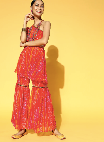 Women Bandhani Printed One Shoulder Kurta & Sharara with Belt, Indo Western Outfit, Indian Dress, Sharara Suit Set, Indian Suit Set, Fusion VitansEthnics