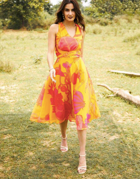Cross Back Tie up Midi Dress For Women, Halter Neck Floral Print Dress For Women, Indo Western Dress, Indian Dress, Backless Dress VitansEthnics