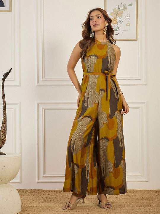 Abstract Printed Halter Neck Sleeveless Jumpsuit VitansEthnics