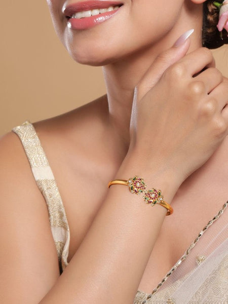 Gold-Plated Ruby Pink, Green & White Kundan Studded Openable Bangle VitansEthnics