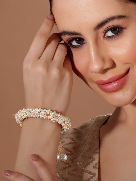 Gold Plated Handcrafted White and Gold Pearl Beaded Kada Bracelet (Copy) VitansEthnics