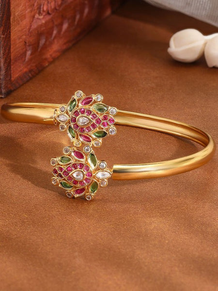 Gold-Plated Ruby Pink, Green & White Kundan Studded Openable Bangle VitansEthnics