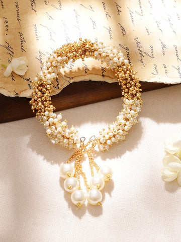 Gold Plated Handcrafted Cuff Bracelet With Pearls And Golden Beads (Copy) VitansEthnics