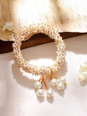 Gold Plated Handcrafted White and Gold Pearl Beaded Kada Bracelet (Copy) VitansEthnics
