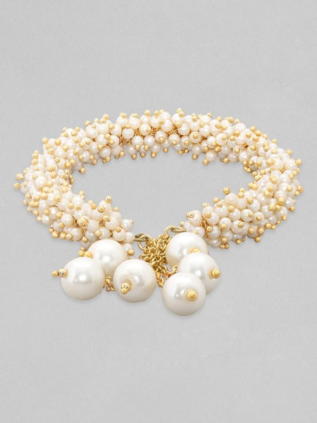 Gold Plated Handcrafted White and Gold Pearl Beaded Kada Bracelet (Copy) VitansEthnics