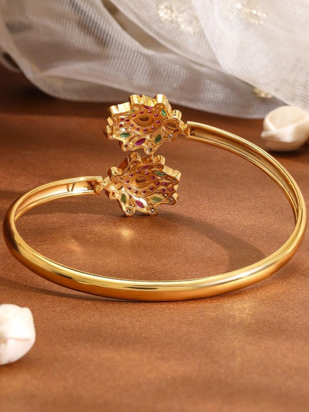 Gold-Plated Ruby Pink, Green & White Kundan Studded Openable Bangle VitansEthnics