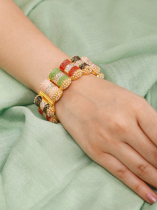 Gold Plated Handcrafted White Pearl Beaded Kada Bracelet (Copy) VitansEthnics