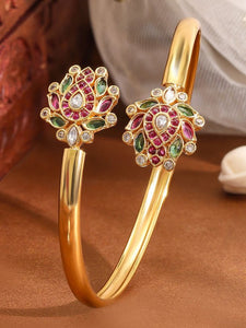 Gold-Plated Ruby Pink, Green & White Kundan Studded Openable Bangle VitansEthnics
