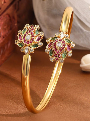Gold-Plated Ruby Pink, Green & White Kundan Studded Openable Bangle VitansEthnics