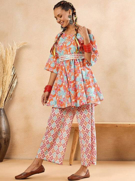 Women Indo Western Ethnic Motifs Printed One Shoulder Pure Cotton Tunic With Trousers VitansEthnics