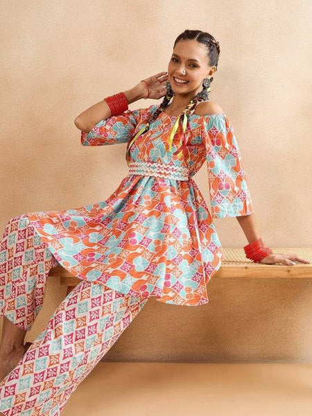 Women Indo Western Ethnic Motifs Printed One Shoulder Pure Cotton Tunic With Trousers VitansEthnics