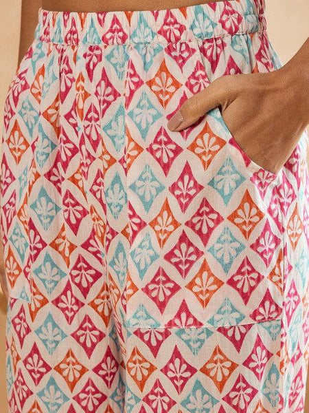 Women Indo Western Ethnic Motifs Printed One Shoulder Pure Cotton Tunic With Trousers VitansEthnics