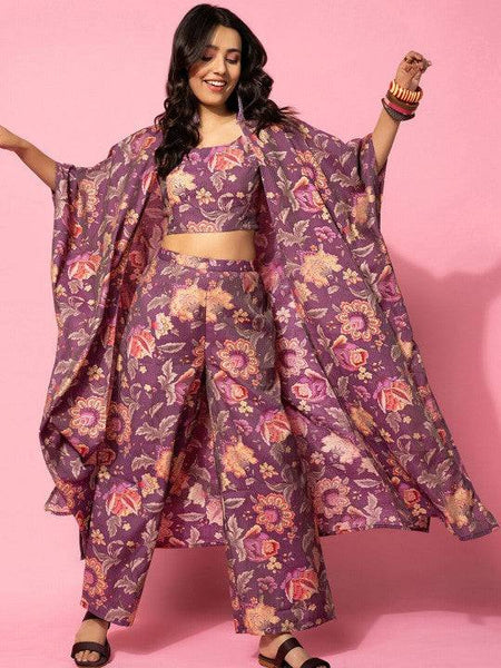 Women Indo Western Floral Printed Crop Top With Shrug & Palazzo Ethnic Co-Ords Set VitansEthnics