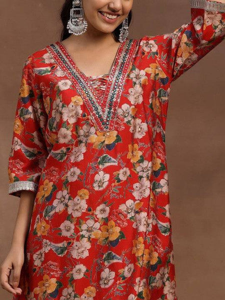 Women Indo Western Red Floral Printed Tunic & Palazzo Ethnic Co-Ords Set VitansEthnics