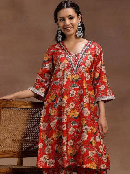Women Indo Western Red Floral Printed Tunic & Palazzo Ethnic Co-Ords Set VitansEthnics