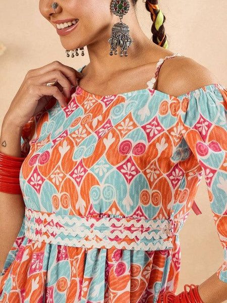 Women Indo Western Ethnic Motifs Printed One Shoulder Pure Cotton Tunic With Trousers VitansEthnics