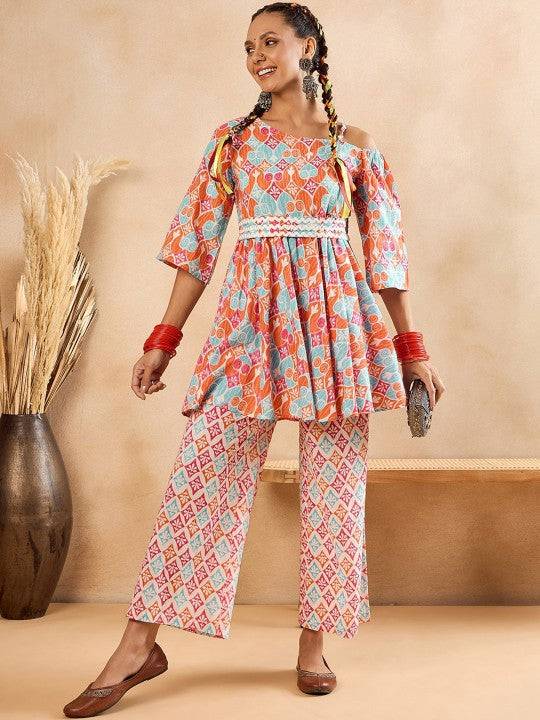 Women Indo Western Ethnic Motifs Printed One Shoulder Pure Cotton Tunic With Trousers VitansEthnics