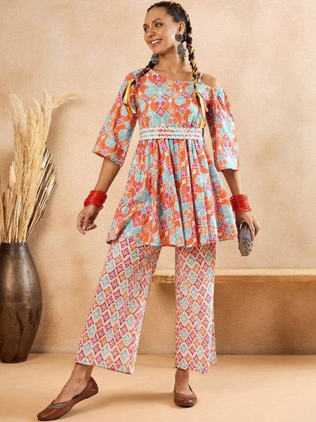 Women Indo Western Ethnic Motifs Printed One Shoulder Pure Cotton Tunic With Trousers VitansEthnics