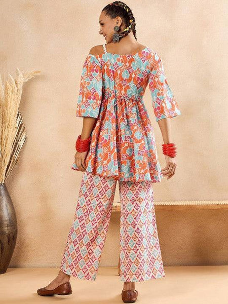 Women Indo Western Ethnic Motifs Printed One Shoulder Pure Cotton Tunic With Trousers VitansEthnics