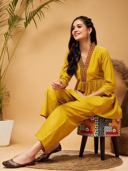 WomenMustard Yellow Empire Tunic With Trousers Co-Ord Set VitansEthnics