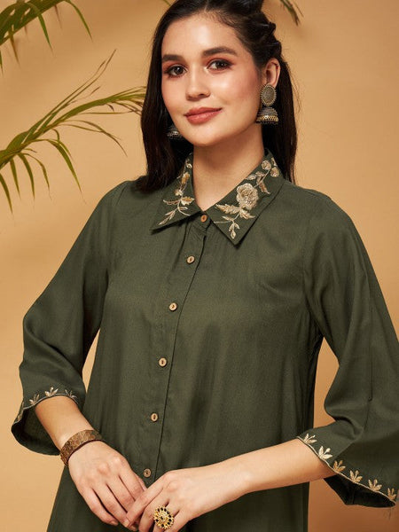 Women Zari Embroidered Shirt Collar Tunic Top With Palazzos Co-Ords Set VitansEthnics