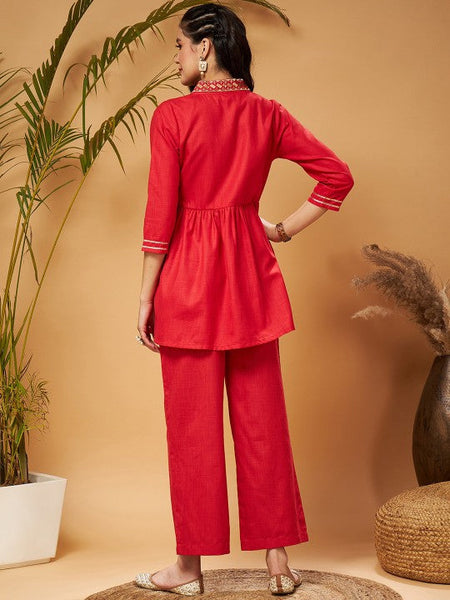Women Red Embellished Gathered Tunic With Palazzos Co-Ord Set VitansEthnics