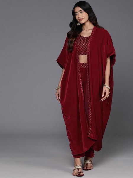Women Indo Western Embroidered Crop Top with Palazzos & Shrug Co-Ords Set VitansEthnics