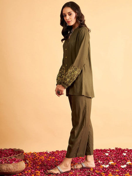 Women Embroidered Shirt-Collar Shirt With Trouser Co-Ords Set VitansEthnics