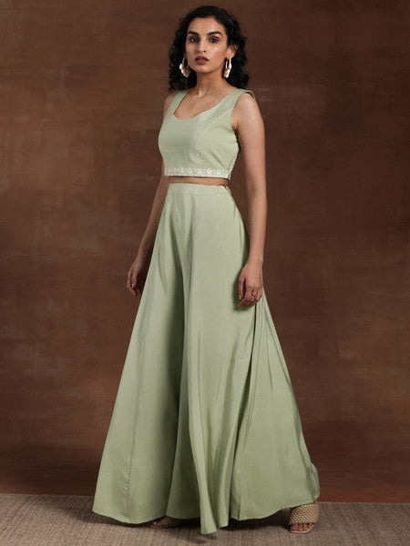 Women Indo Western Embroidered Crop Top with Palazzos & Long Shrug Co-Ords Set VitansEthnics