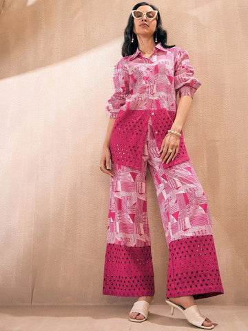Women Abstract Printed Pure Cotton Schiffli Shirt With Trouser Co-ords Set VitansEthnics