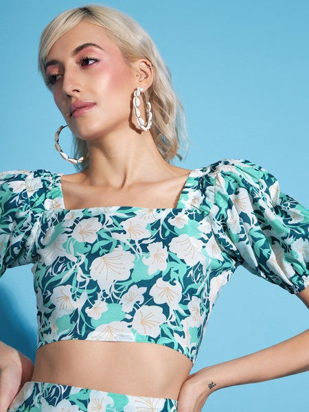Women White Floral Crop Top With Flared Skirt Co-ords Set VitansEthnics