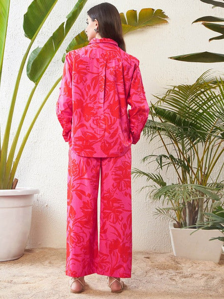 Women Magenta Floral Printed Pure Cotton Shirt With Trousers Co-ords Set VitansEthnics