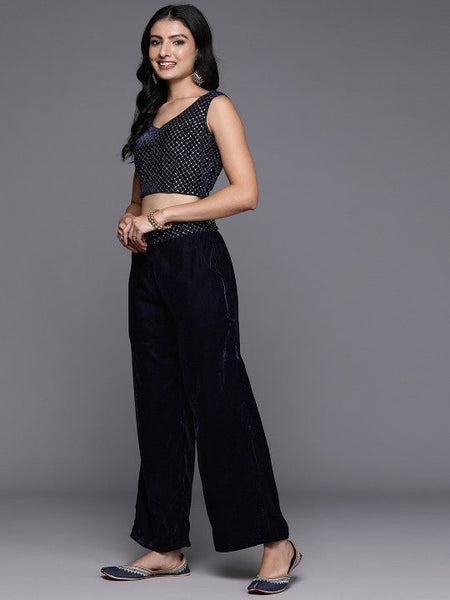 Women Indo Western Embroidered Velvet Crop Top with Palazzos & Shrug Co-Ords Set VitansEthnics